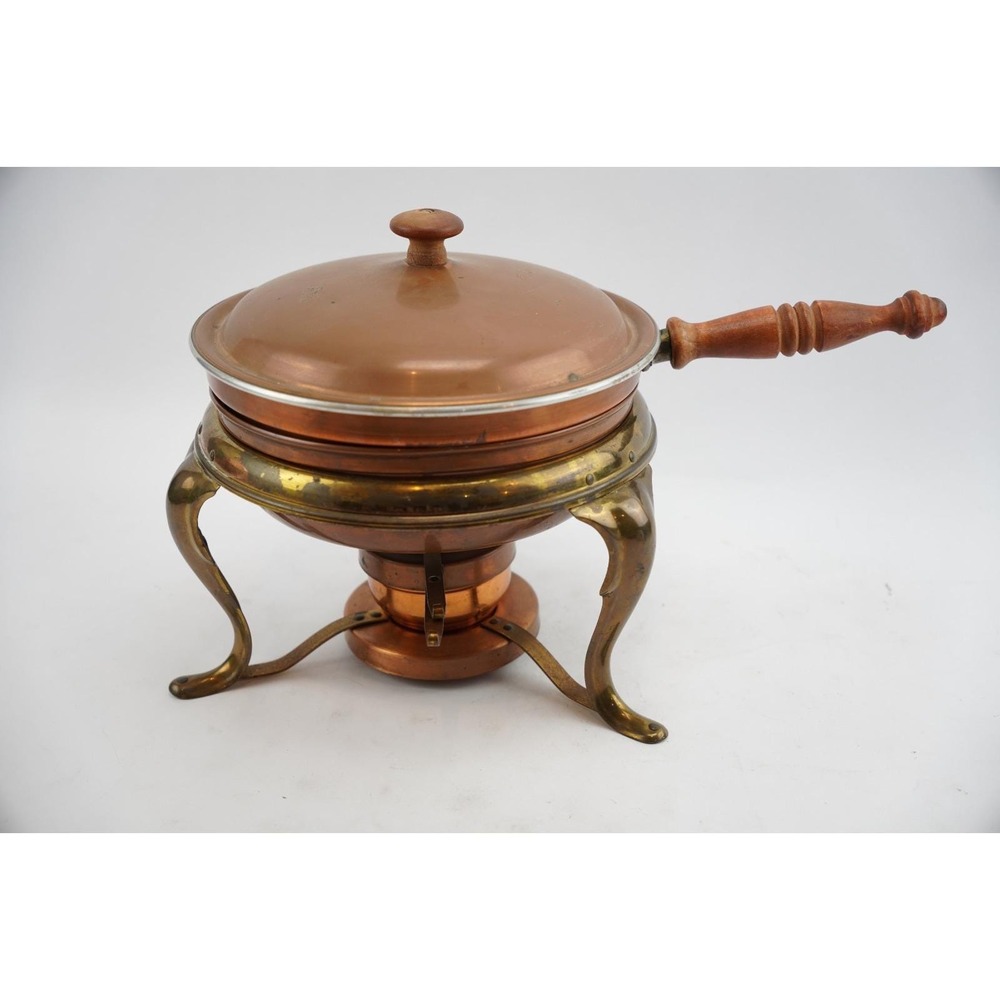 Vtg Copper & Brass Skillet Chafing Warming Dish w/Stand, Lid, Sterno Holder